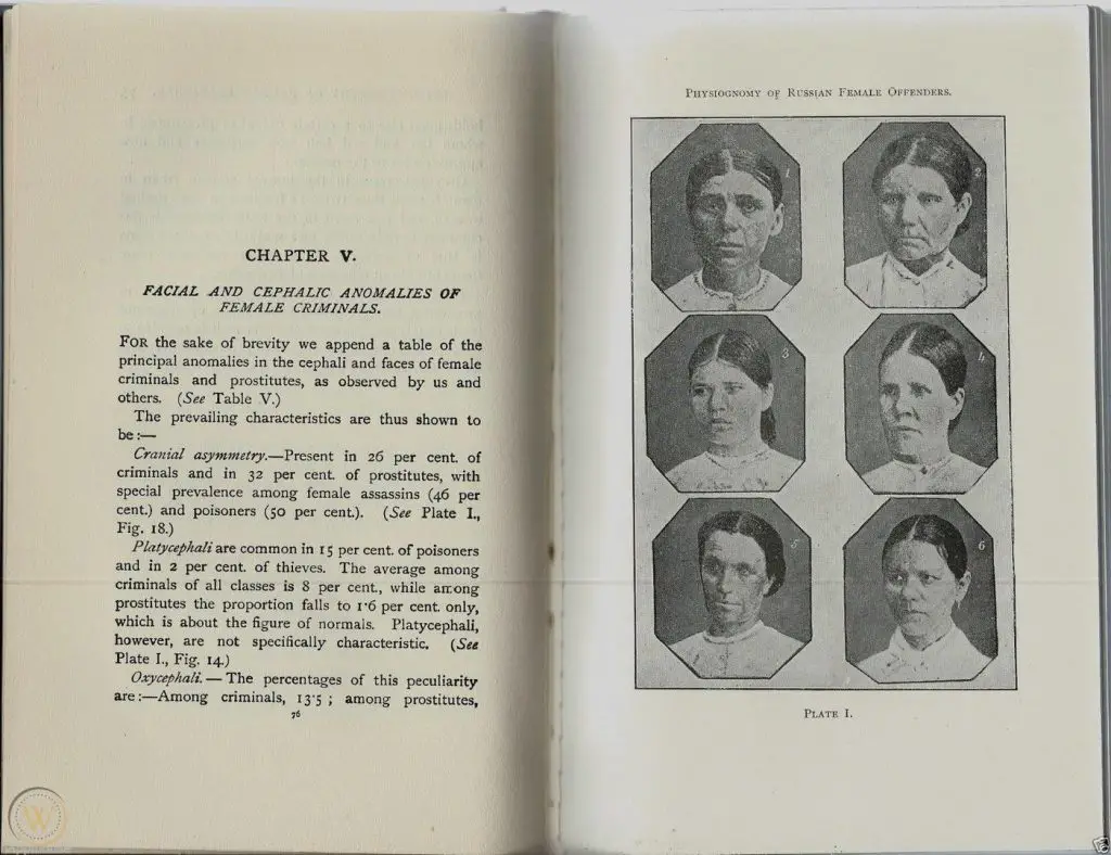 Six Females criminals with various physical features, all of which Cesare Lombroso believed people who commit crime possess